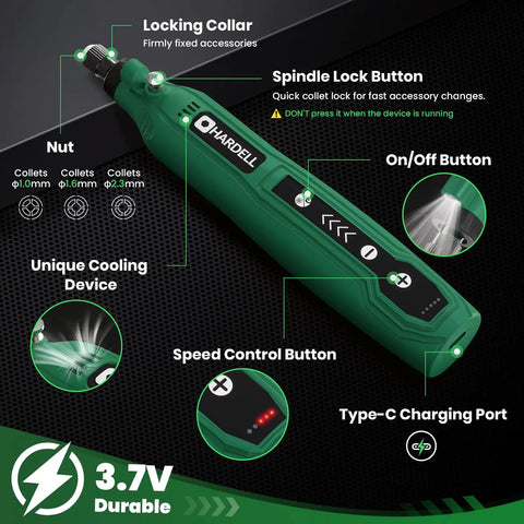 Mini Cordless Rotary Tool Kit With 69 Pieces, 5 Speed USB C Charging, Grab And Go Portable DIY Craft Set For Carving, Sanding, Grinding, Polishing, Drilling And Engraving On Wood, Resin, And Plastic. Green handle with USB-C port and speed buttons.