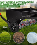 Close-up of 40 Inch Tow Behind Spiker Seeder Combo Aerator And Spreader For Lawn Care with 8-inch wheels and spike aeration