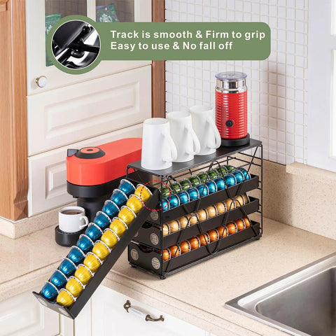 4 Tier Nespresso Pod Drawer Organizer For Vertuo Capsules Holds Up To 80 Pods Modern Countertop Coffee Pod Rack in kitchen setup