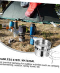 8 Piece Portable Stainless Steel Camping Cookware Set With Fire Resistant Pots And Bowls near a tent