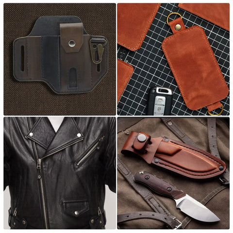 Collage of DIY leather projects including a brown leather tool holster, leather key holders, black leather jacket, and knife pouch.