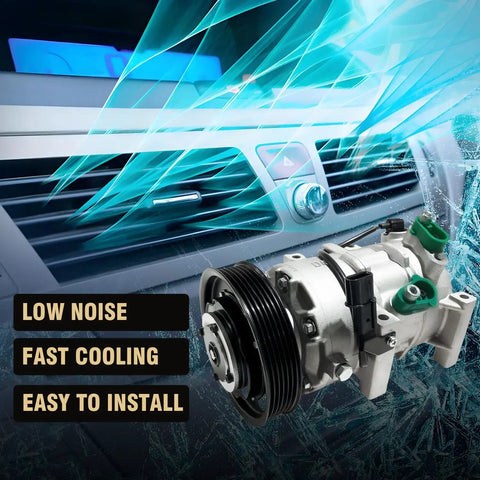 Top Shelf Air Conditioning Compressor With Heavy Clutch Quick Fix Fitment For Hyundai Accent And Kia Rio 2012 To 2017 installed with cooling airflow.