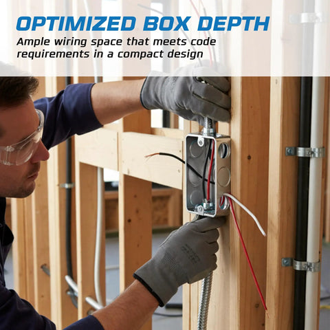 Pro Grade Heavy Duty Electrical Junction And Outlet Box Set Eight Pack With Dual Depth 4x4 And 4x2 Metal Boxes Four 1.5 In Deep 21 Cu In Junction Boxes And Four 1.875 In Deep 13 Cu In Outlet Boxes Industrial Grade Kit For Wiring Projects mounted on framed wall