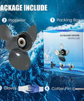 Honda Outboard OEM Upgrade Aluminum Propeller 10 Spline Fits 25-30 HP Motors, packaging box, propeller and accessories
