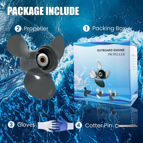 Honda Outboard OEM Upgrade Aluminum Propeller 10 Spline Fits 25-30 HP Motors, packaging box, propeller and accessories