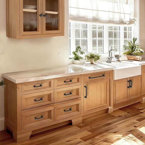 Matte Black Cabinet Pulls Set of 10, 5 Inch 128mm Zinc Alloy Drawer Handles installed on wood kitchen cabinets