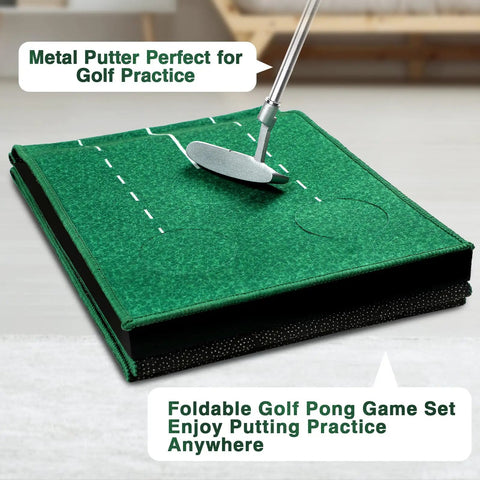Folded Indoor Golf Putting Green Game Set With Metal Putter And Balls, 8.5 Ft Velvet Track Three Hole Putt Mat For Office or Party