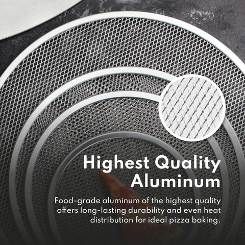 Close-up of Restaurant-Grade Seamless Aluminum Pizza Baking Screens, 16 Inch, Pack Of 6, showing mesh airflow design for crisp crusts