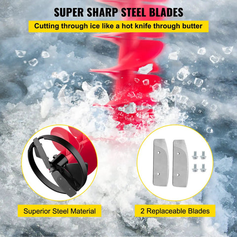 Close-up of 8 Inch Nylon Ice Fishing Auger Kit With 14 Inch Extension Rod And Drill Adapter, cutting ice with steel blades