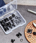 Get This Super Cool Set Of 25 Football Backplate Screws Perfect For Quick Repairs With Anti Loosening Design Nuts And Internal Locking Bushings Included In A Handy Storage Box For Any Athlete Needing Durable Gear Upgrades. black metal football backplate screws and nuts in plastic storage box