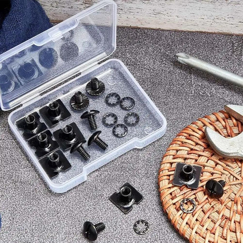 Get This Super Cool Set Of 25 Football Backplate Screws Perfect For Quick Repairs With Anti Loosening Design Nuts And Internal Locking Bushings Included In A Handy Storage Box For Any Athlete Needing Durable Gear Upgrades. black metal football backplate screws and nuts in plastic storage box