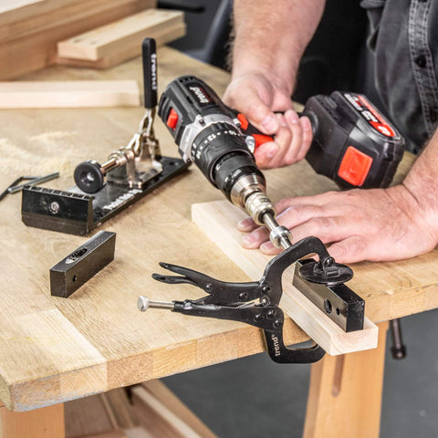 Pocket Hole Jig Face Clamp With Adjustable Pressure And Quick Release Lever securing two wood pieces on a workbench