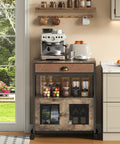 Real Deal Farmhouse Coffee Bar Cabinet And Three Tier Rolling Cart With Loaded Storage Drawer Sturdy Locking Casters Rustic Brown Wood Frame with coffee maker and storage jars.