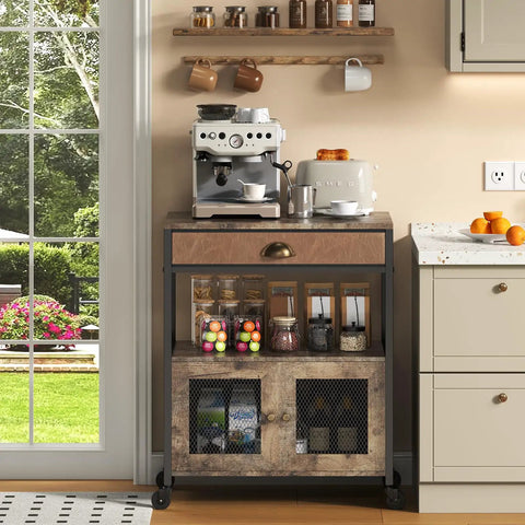 Real Deal Farmhouse Coffee Bar Cabinet And Three Tier Rolling Cart With Loaded Storage Drawer Sturdy Locking Casters Rustic Brown Wood Frame with coffee maker and storage jars.