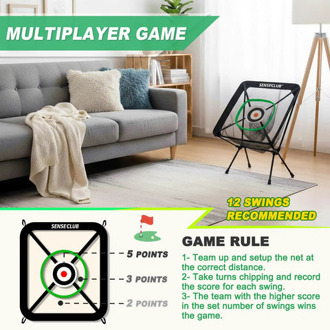Indoor And Outdoor Chipping Net With Mat Golf Practice Target With Tee And Balls Center Target And 3 Dynamic Baskets Stable Aluminum Frame Sweet Backyard Golf Game Gift For Golfers in a living room setting.