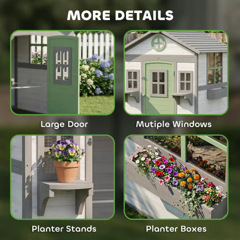 Wooden Chicken Coop For Backyard Hen House For 2 To 4 Chickens With Nesting Box, Planter Pots And Boxes, Windows, And Rabbit Hutch, White With Green Trim details showing large door, multiple windows, planter stands, and flower-filled planter boxes.