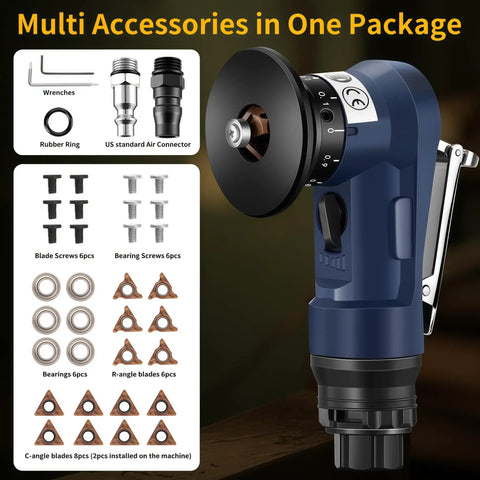 Pro Grade High Performance Pneumatic Chamfering Tool For Metal Wood PVC And Acrylic, 30000 RPM Air Deburring Bevel Tool With 6 Bearings, 8 C Blades And 6 R Blades, complete with accessory kit including wrenches, screws, and air connectors.