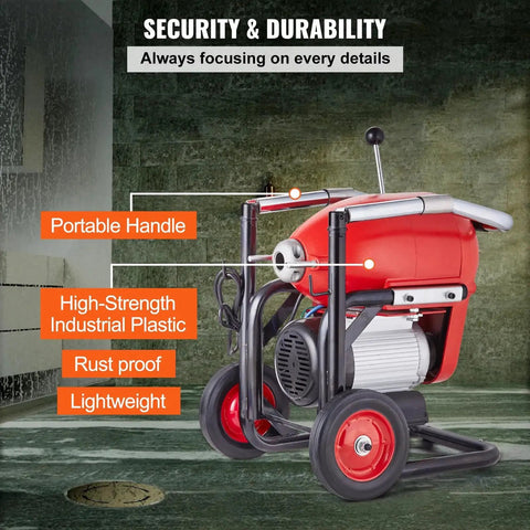 Heavy Duty 120 Foot Manual Feed Sewer Drain Auger Machine Loaded With An 1100W Motor and Premium Hardened Steel Cable with portable handle.