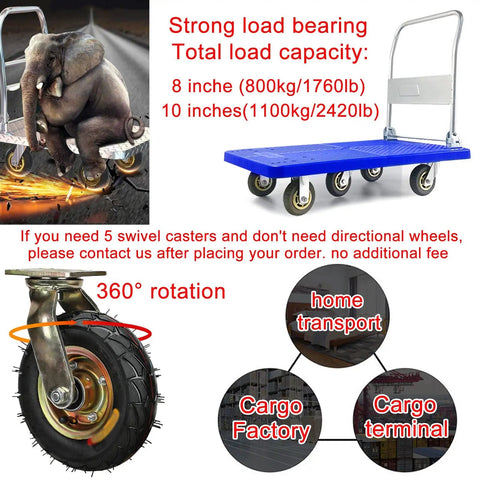 Rock Solid Five Pack Heavy Duty Industrial Caster Wheels With Silent Pneumatic Rubber Tires And Rust Resistant Steel Base Designed For Sweet Cart Glide Hella Smooth Operation on blue platform cart.