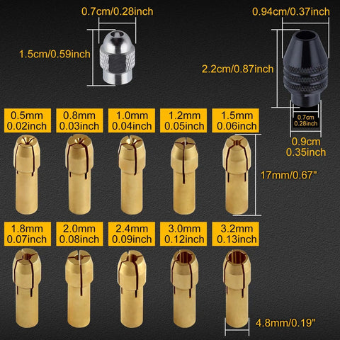 Keyless Rotary Drill Chuck Collet Set for 0.5 to 3.2 mm Shank Includes 10 Brass Collets Quick Change Nut Kit Replacement Parts