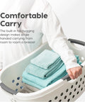 Person carrying 50L Laundry Hamper Set With Built In Comfort Handles 3 Pack White Plastic Baskets With Ventilation Holes
