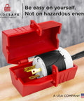Industrial Grade Heavy Duty Plug Lockout Device for Lockout Tagout with open design showing a secured plug inside.