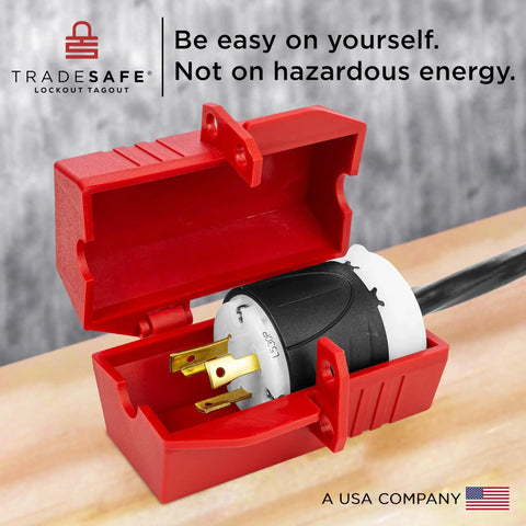 Industrial Grade Heavy Duty Plug Lockout Device for Lockout Tagout with open design showing a secured plug inside.
