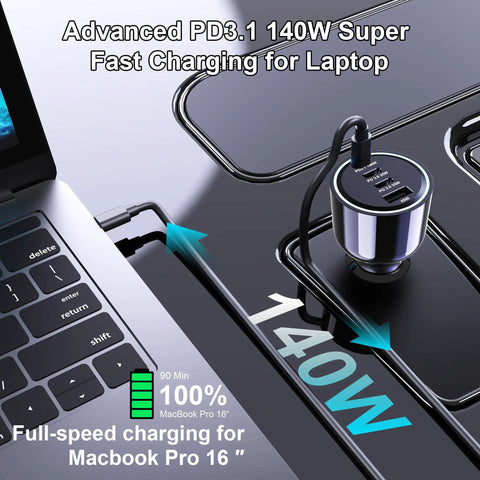 Ride Ready Hella Fast 240W Type C Car Charger featuring 140W PD port charging MacBook Pro 16 with visual power indicators.