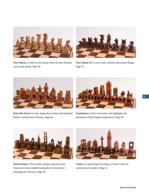 Top Shelf Wooden Chess Sets Made Easy Knockout Scroll Saw Pattern Book featuring unique chess piece designs on a vintage game board.