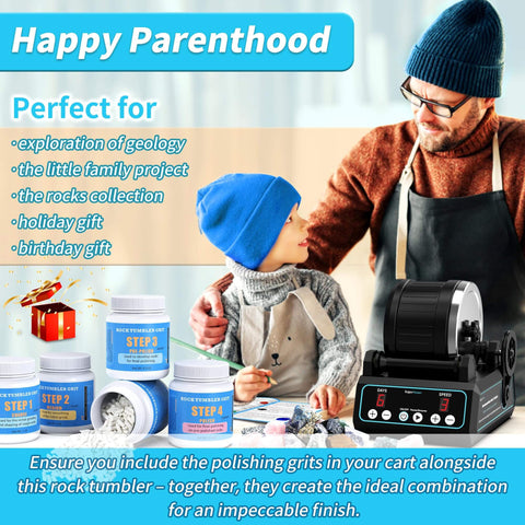 Pro Grade Brushless Rock Tumbler Polisher Kit with 2.5Lb Large Barrel, three speed settings, timer, accessories shown