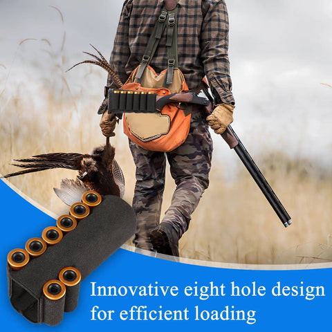 Hunter carrying 8 Round Tactical Shotgun Shell Holder for Buttstock 12 Gauge 20 Gauge Ammo Carrier with Eight Hole Design