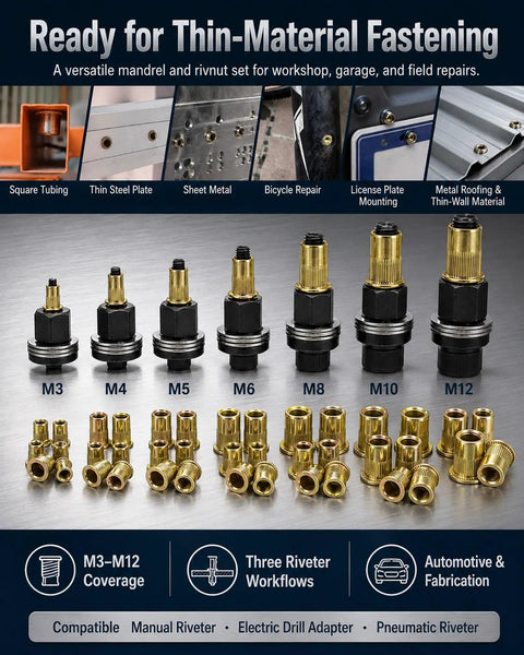 Carbon Steel Rivet Nut Tool Kit With M3 To M12 Mandrel Head And Rivnut Set For Thin Sheet Metal And Tubing, Heavy Duty Built To Last Pro Grade Fasteners, Dual Bearing Design For Smooth, Reusable Threaded Inserts, M3-M12 sizes