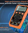 6000 Count Digital Multimeter With NCV LCD For AC And DC Voltage And Current, Resistance, Capacitance, Live Wire, Frequency, Temperature, Duty Cycle, Continuity And Diode Testing orange handheld tester with 6000-count display