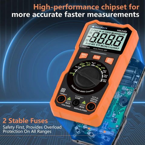 6000 Count Digital Multimeter With NCV LCD For AC And DC Voltage And Current, Resistance, Capacitance, Live Wire, Frequency, Temperature, Duty Cycle, Continuity And Diode Testing orange handheld tester with 6000-count display