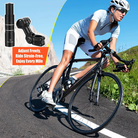 Cyclist on road bike using Adjustable 31.8mm Bike Stem Riser With 120 Degree Tilt And 150mm Height Extension Aluminum Handlebar Extender Universal Fit For MTB Road BMX And E Bikes So You Can Ride Comfy