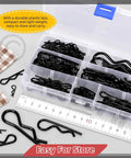 Comprehensive Hitch Pin Clip Kit With 145 Pieces In 6 Sizes R Clips Hair Pins in clear storage box with ruler for scale.