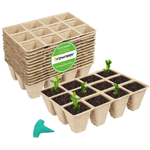 144 Cell Biodegradable Seed Starter Trays in 12 Pack with 15 Plant Labels, peat trays for germination, indoor gardening, plants sprouting