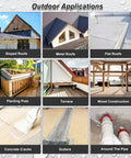 Image collage showing various outdoor applications for Top Shelf Invisible Liquid Waterproof Sealant Long Lasting Water Based Roof And Deck Coating Hella Tough 35 Oz Can.