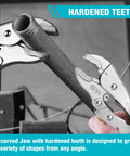 7 Inch Locking Pliers With Curved Jaw And Wire Cutter gripping metal pipe, displaying hardened teeth for tough clamping tasks.