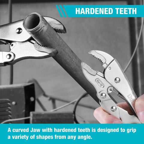 7 Inch Locking Pliers With Curved Jaw And Wire Cutter gripping metal pipe, displaying hardened teeth for tough clamping tasks.