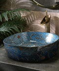 Vintage Hand Painted Blue Ceramic Vessel Sink Top Shelf Slick Gloss Finish No Hassle Easy Clean Single Basin Vanity Washbasin Complete Faucet Kit Ready To Roll, 43x43x15cm with floral design.