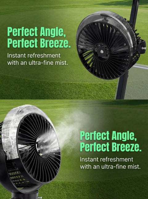 2-Pack Magnetic Golf Cart Misting Fan With Heavy-Duty Strap And 12000mAh Battery, positioned on golf cart, misting