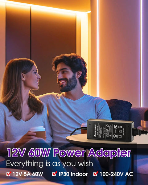 12V 5A Power Supply Adapter For LED Strip Lights And Low Voltage Devices UL Listed 60W in a modern living room setting