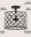 Oil Rubbed Bronze 2 Light Iron And Crystal Semi Flush Mount Ceiling Fixture For Bedroom Modern Glam With Clear Crystals UL Listed LED Bulbs Included