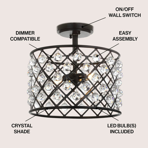 Oil Rubbed Bronze 2 Light Iron And Crystal Semi Flush Mount Ceiling Fixture For Bedroom Modern Glam With Clear Crystals UL Listed LED Bulbs Included