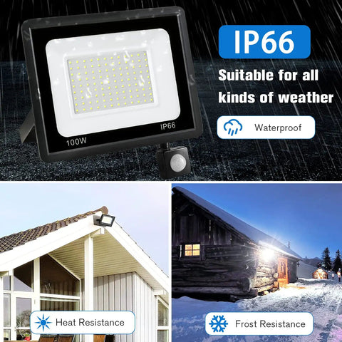 100W LED Outdoor Flood Light With Motion Sensor, No Brainer Plug In Dusk To Dawn Security Light for garage, yard, IP66 waterproof