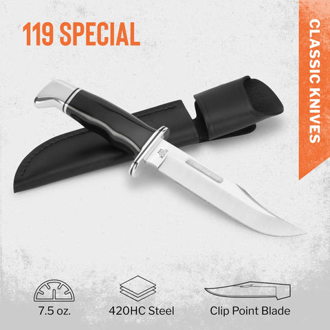 119 Special Hunting Knife 6 Inch Fixed Blade Full Tang 420HC Clip Point Phenolic Handle Sheath Included displayed with sheath