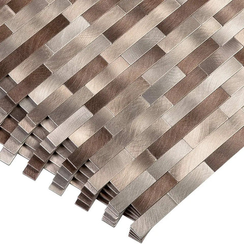 Metal Mosaic Tile Backsplash Peel And Stick Easy DIY Oblong 12x12 Inch Sheets In Coffee Copper Brown Mix, close-up