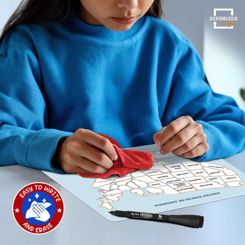 Student using Flexible Dry Erase 11 By 14 Inch United States Map Sheets Pack Of 10 For Students And Teachers Reusable USA Practice Maps