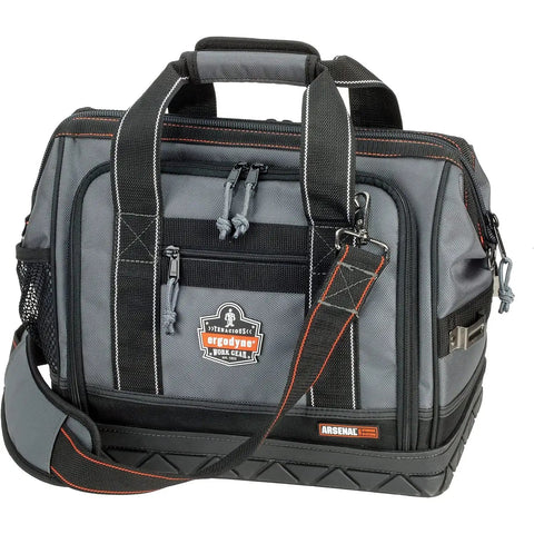 Open Side Tool Bag With 61 Pockets, 1680D Ballistic Polyester, Medium Gray, Molded Rubber Base, Front View